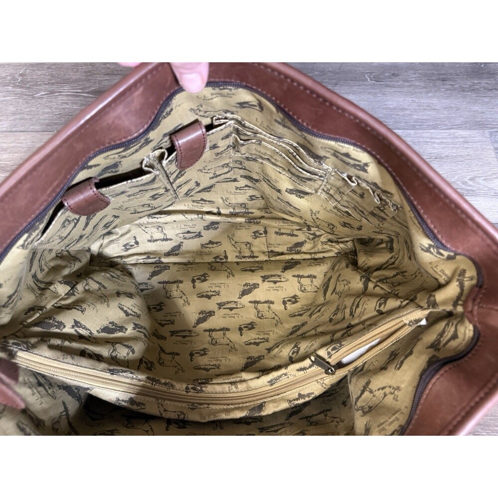 Vtg L.L. Bean Town & Field Wildlife Lining Leather Brown Tote Bag Shopper Travel - Picture 13 of 16